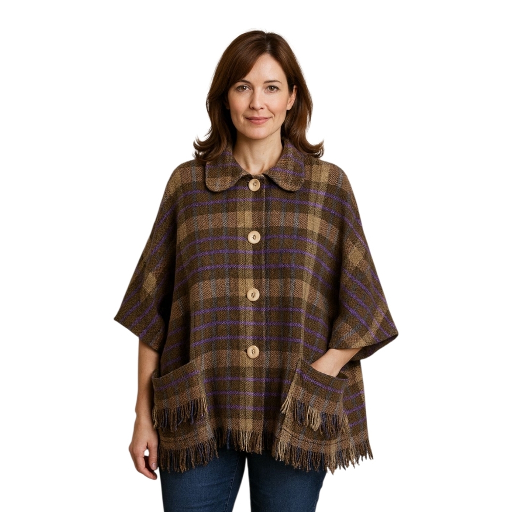 Vtg Scottish Wool Tweed Button-Up Poncho Women's Size OS